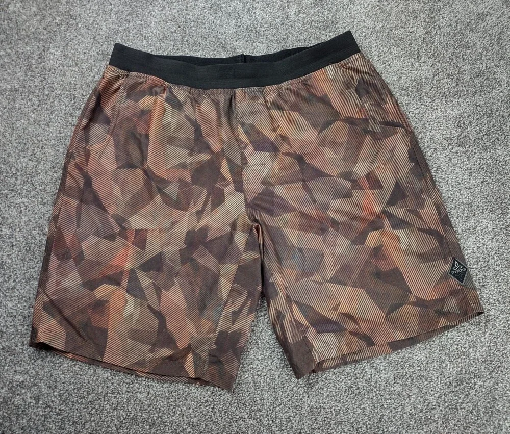 PrAna Shorts Men XL Brown Camo Hybrid Swim Boardshorts Elastic Waist Breathe